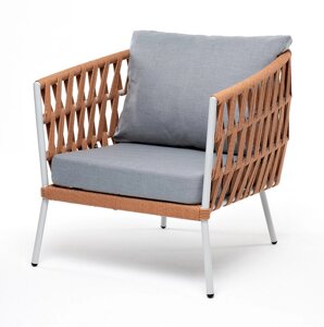 "Диего" кресло плетеное из роупа, каркас алюминий светло-серый (RAL7035) шагрень, роуп оранжевый меланж круглый, ткань