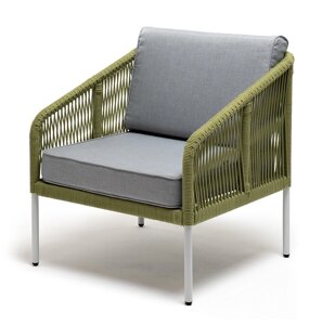 "Канны" кресло плетеное из роупа, каркас алюминий светло-серый (RAL7035) шагрень, роуп салатовый меланж круглый, ткань
