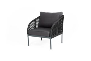 "Канны" кресло плетеное из роупа, каркас алюминий серый (RAL7022) матовый, роуп темно-серый круглый, ткань темно-серая