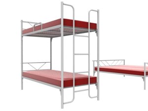 Кровать металлическая для хостела двухъярусная с лестницей и полкой.