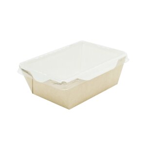 Контейнер для еды одноразовый прямоугольный бумажный крафт с прозрачной плоской крышкой 800мл, 205х125х55мм (260шт/кор)