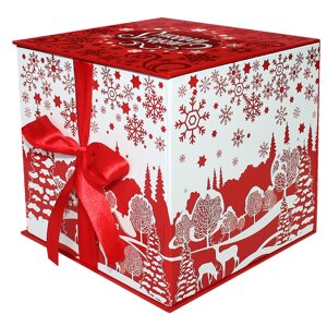 Коробка складная с бантом "куб красный", 1300 гр, подарочная новогодняя упаковка для конфет