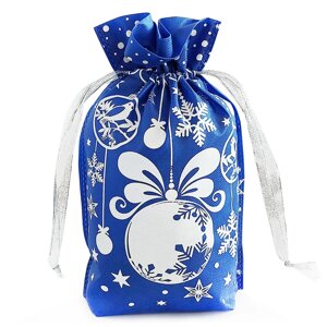 Новогодний подарочный мешок-сумка "шарики" с прорубной ручкой белый на синем, 1300 г