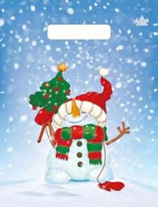 Пакет новогодний ПЭ с вырубной ручкой 23х30 (30мкм) Снеговик с елкой"100шт/уп)