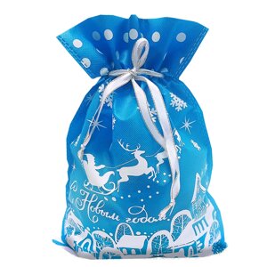 Подарочный мешок "домики на голубом", 1300 гр, текстильная новогодняя упаковка