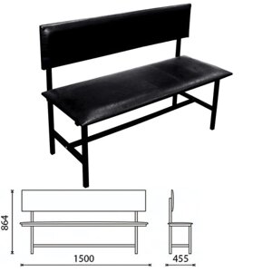 Банкетка со спинкой Берта 1500х455х864 мм, усиленная, черный каркас, кожзам черный