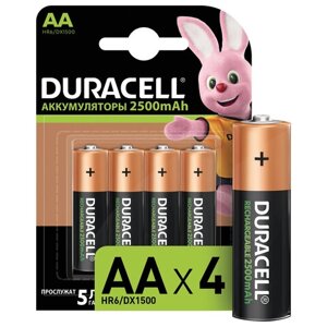 Батарейки аккумуляторные комплект 4 шт., duracell, аа (HR6), ni-mh, 2500 mah, блистер