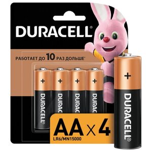 Батарейки КОМПЛЕКТ 4 шт., DURACELL Basic, AA (LR06, 15А), алкалиновые, пальчиковые, блистер