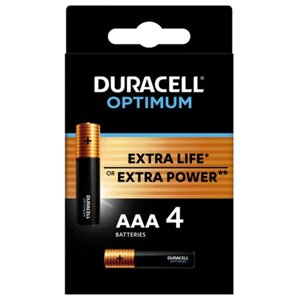 Батарейки КОМПЛЕКТ 4 шт., DURACELL Optimum, AAA (LR03, 24А), х30 мощность, алкалиновые, мизинчиковые
