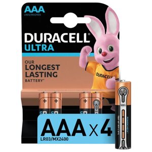 Батарейки КОМПЛЕКТ 4 шт., DURACELL Ultra, AAA (LR03, 24А), алкалиновые, мизинчиковые, блистер