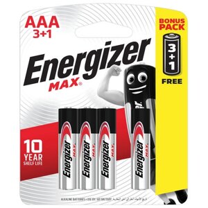 Батарейки комплект 4 шт., energizer max, промо 3+1, AAA (LR03, 24а), алкалиновые, мизинчиковые, блистер