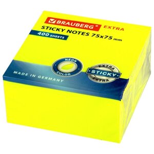 Блок самоклеящийся (стикеры) EXTRA sticky brauberg, неоновый, 75х75 мм, 400 л., желтый, 112423