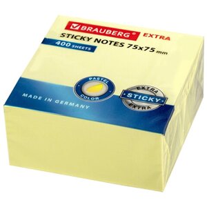 Блок самоклеящийся (стикеры) EXTRA sticky brauberg, пастельный, 75х75 мм, 400 л., желтый, 112439