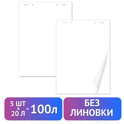 Блокноты для флипчарта ПЛОТНЫЕ 80 г/м2, BRAUBERG, КОМПЛЕКТ 5 штук, 20 листов, чистые, 67,5х98 см, 124098 от компании ООО  "Компания АЛТИС-Пермь" - фото 1