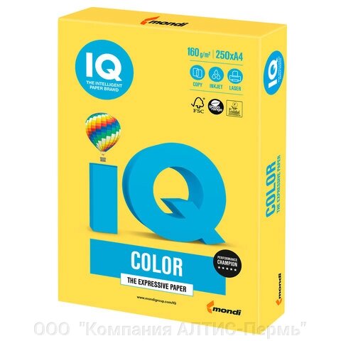 Бумага цветная IQ color, А4, 160 г/м2, 250 л., интенсив, канареечно-желтая, CY39 от компании ООО  "Компания АЛТИС-Пермь" - фото 1