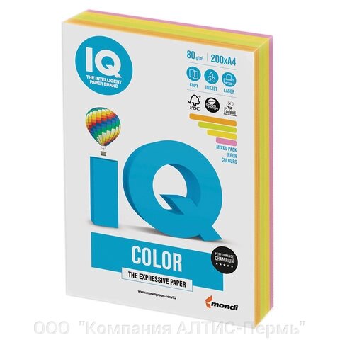 Бумага цветная IQ color, А4, 80 г/м2, 200 л., (4 цвета x 50 листов), микс неон, RB04 от компании ООО  "Компания АЛТИС-Пермь" - фото 1