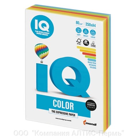 Бумага цветная IQ color, А4, 80 г/м2, 250 л., (5 цветов x 50 листов), микс интенсив, RB02 от компании ООО  "Компания АЛТИС-Пермь" - фото 1