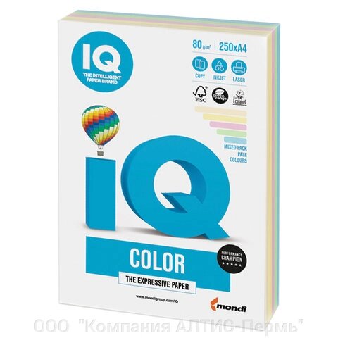 Бумага цветная IQ color, А4, 80 г/м2, 250 л., (5 цветов x 50 листов), микс пастель, RB01 от компании ООО  "Компания АЛТИС-Пермь" - фото 1