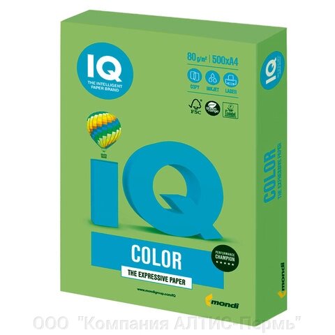 Бумага цветная IQ color, А4, 80 г/м2, 500 л., интенсив, зеленая липа, LG46 от компании ООО  "Компания АЛТИС-Пермь" - фото 1