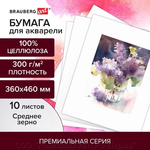 Бумага для акварели 300 г/м2 360x460 мм среднее зерно, 10 листов, BRAUBERG ART PREMIERE, 113228 от компании ООО  "Компания АЛТИС-Пермь" - фото 1