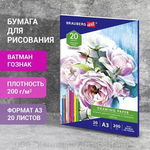 Бумага для рисования и графики в папке БОЛЬШАЯ А3, 20 л., 200 г/м2, ВАТМАН ГОЗНАК, BRAUBERG ART CLASSIC, 114491 от компании ООО  "Компания АЛТИС-Пермь" - фото 1