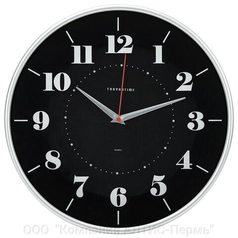 Часы настенные TROYKATIME (TROYKA) 77777740, круг, черные, серебристая рамка, 30,5х30,5х5 см от компании ООО  "Компания АЛТИС-Пермь" - фото 1