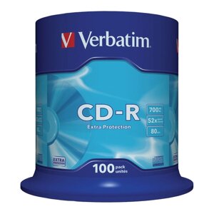 Диски CD-R verbatim 700 mb 52х cake box (упаковка на шпиле), комплект 100 шт., 43411