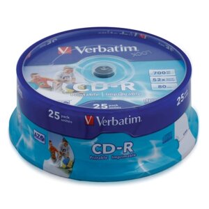 Диски CD-R verbatim 700 mb 52x cake box (упаковка на шпиле), комплект 25 шт.