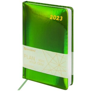 Ежедневник датированный 2023 А5 138x213 мм BRAUBERG Holiday, под кожу, зеркальный, зеленый, 114026
