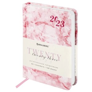 Ежедневник датированный 2023 МАЛЫЙ ФОРМАТ 100x150 мм А6, BRAUBERG Marble, под кожу, розовый, 113917
