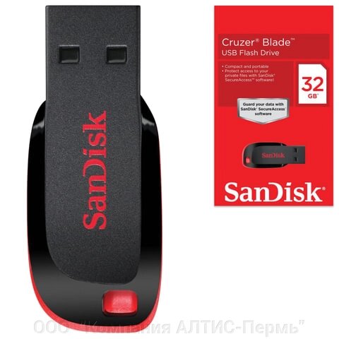 Флеш-диск 32 GB, SANDISK Cruzer Blade, USB 2.0, черный/красный, SDCZ50-032G-B35 от компании ООО  "Компания АЛТИС-Пермь" - фото 1