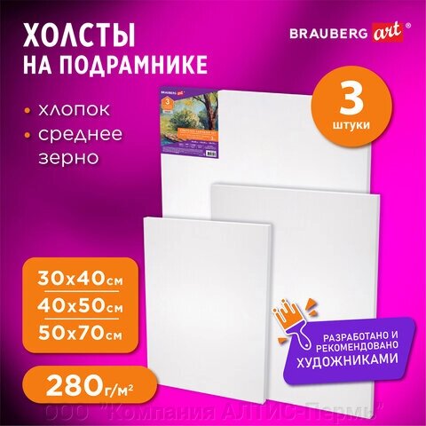 Холсты на подрамнике НАБОР 3 шт. (30х40 см, 40х50 см, 50х70 см), 280 г/м2, грунт, хлопок, BRAUBERG ART, 192270 от компании ООО  "Компания АЛТИС-Пермь" - фото 1