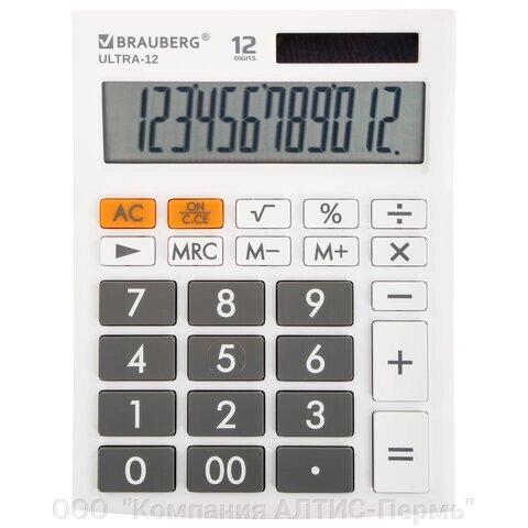 Калькулятор настольный BRAUBERG ULTRA-12-WT (192x143 мм), 12 разрядов, двойное питание, БЕЛЫЙ, 250496 от компании ООО  "Компания АЛТИС-Пермь" - фото 1