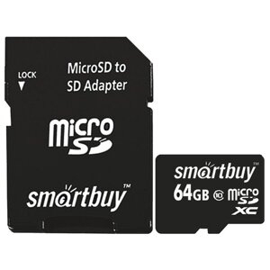 Карта памяти micro SDXC, 64 GB, smartbuy, 10 мб/сек. (class 10), с адаптером, SB64gbsdcl10-01