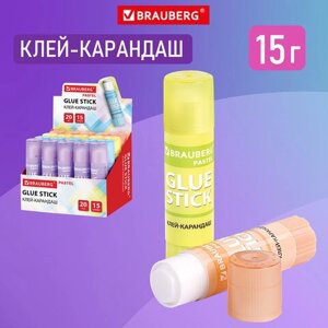 Клей-карандаш в пастельном корпусе BRAUBERG PASTEL, 15 г, PVP-основа, ассорти, 271249