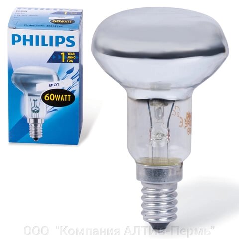 Лампа накаливания PHILIPS Spot R50 E14 30D, 60 Вт, зеркальная, колба d = 50 мм, цоколь E14, угол 30°, 382429 от компании ООО  "Компания АЛТИС-Пермь" - фото 1