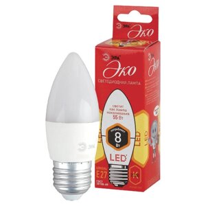 Лампа светодиодная ЭРА, 8(55) Вт, цоколь Е27, свеча, теплый белый, 25000 ч, ECO LED B35-8W-2700-E27