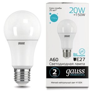 Лампа светодиодная GAUSS, 20(150) Вт, цоколь Е27, груша, нейтральный белый, 25000 ч, LED A60-20W-4100-E27