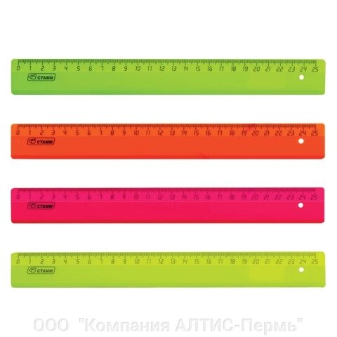 Линейка пластиковая 25 см, флуоресцентная, ассорти, 4 цвета, ЛН21 от компании ООО  "Компания АЛТИС-Пермь" - фото 1