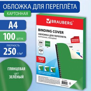 Обложки картонные для переплета, А4, КОМПЛЕКТ 100 шт., глянцевые, 250 г/м2, зеленые, BRAUBERG, 530954