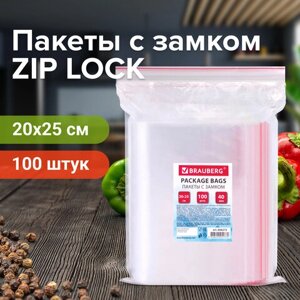 Пакеты с замком ZIP LOCK зиплок, комплект 100 шт., 200х250 мм, ПВД, толщина 40 микрон, BRAUBERG, 606215