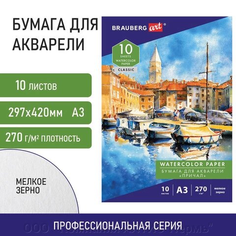 Папка для акварели БОЛЬШАЯ А3, 10 л., 270 г/м2, мелкое зерно, BRAUBERG ART CLASSIC, Причал, 114399 от компании ООО  "Компания АЛТИС-Пермь" - фото 1