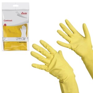 Перчатки МНОГОРАЗОВЫЕ резиновые VILEDA Контракт, хлопчатобумажное напыление, размер XL (очень большой), желтые, вес 66