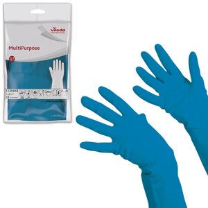Перчатки МНОГОРАЗОВЫЕ резиновые VILEDA многоцелевые, хлопчатобумажное напыление, ПРОЧНЫЕ, размер L (большой), синий,