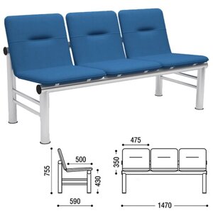 Кресло для посетителей трехсекционное Троя, 755х1470х590 мм, светлый каркас, кожзам синий, СМ 105-03 К20