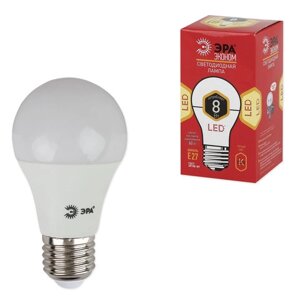 Лампа светодиодная ЭРА, 8 (60) Вт, цоколь E27, груша, теплый белый свет, 25000 ч., LED smdA55\60-8w-827-E27ECO