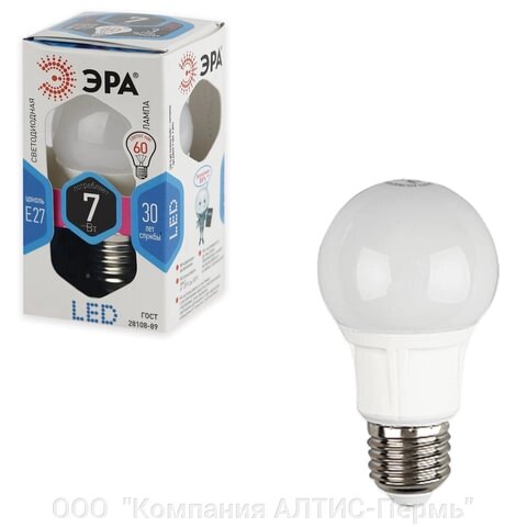 Лампа светодиодная ЭРА, 7 (60) Вт, цоколь E27, груша, холодный белый свет, 30000 ч., LED smd. A55/A60-7w-840-e27 - отзывы