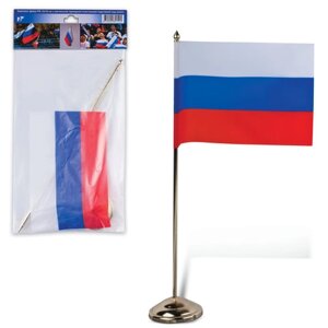 Флаг России, 12х18 см, настольный с флагштоком, высота 30 см, пластик под золото, упаковка с европодвесом