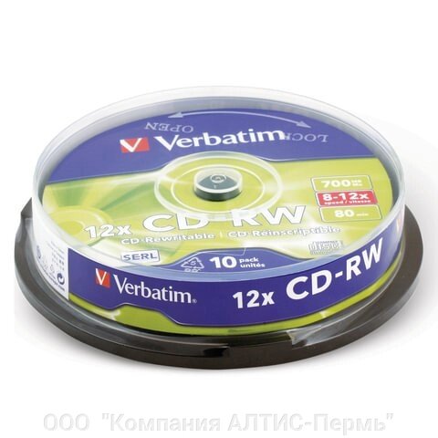 Диски CD-RW verbatim 700 mb 12х cake box (упаковка на шпиле), комплект 10 шт., 43480 - характеристики