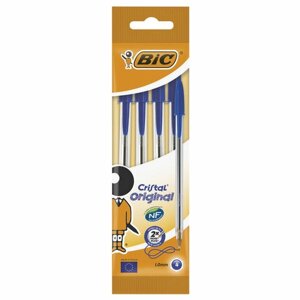Ручки шариковые BIC, набор 4 шт., Cristal Original, пластиковая упаковка с европодвесом, синие